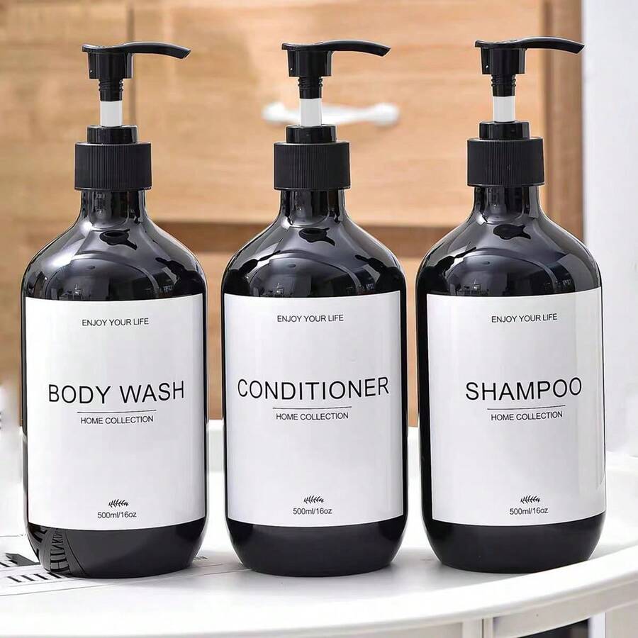 Set de 3 botellas rellenables de 500ml con cuello grueso de color marrón para champú, gel de baño y acondicionador - Negro - Ver 1