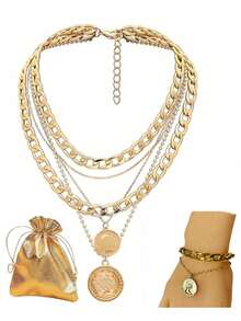 1 Set/3pcs Gold Punk Style Exaggerated Layered Pirate Necklace & Bracelet Set For Women - Multicolor - View 1