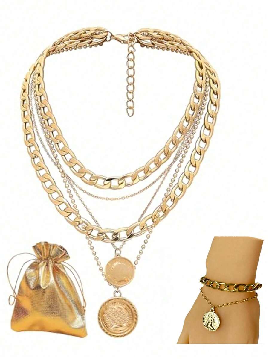 1 Set/3pcs Gold Punk Style Exaggerated Layered Pirate Necklace & Bracelet Set For Women - Multicolor - View 1