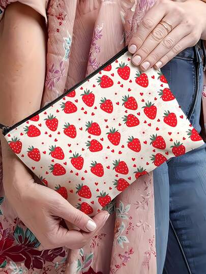1pc Fashionable Strawberry Print Cosmetic Bag - Spacious Makeup Organizer Pouch With Zipper, Suitable For Travel And Daily Use