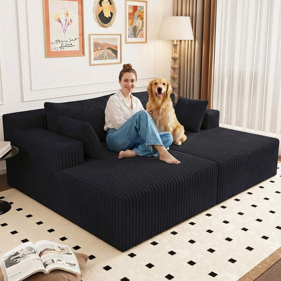 71"Oversized Chaise Lounge Chair,Sectional Double Lounge Chaise With Pillows, Upholstered Corduroy Boneless Lounge Chair, Fluffy Modern Loveseat Sleeper Sofa For Living Room Or Bedroom - 黑色 - 查看 1