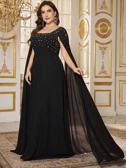  UNITHORSE 大码方领水钻亮片灯笼袖雪纺正式伴娘礼服、派对礼服、婚礼宾客礼服、晚礼服、生日女士服装、毕业礼服