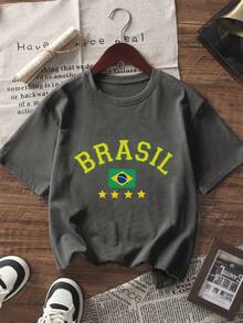 青少年男童印花短袖T恤，学生休闲夏季上衣 - 深灰色 - 查看 4