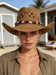 1pc Raffia Hat, Women/Men Straw Hat, Hollow Out Cowboy Style, Retro Vibe, Fashionable For Spring & Summer Vacation - A - View 1