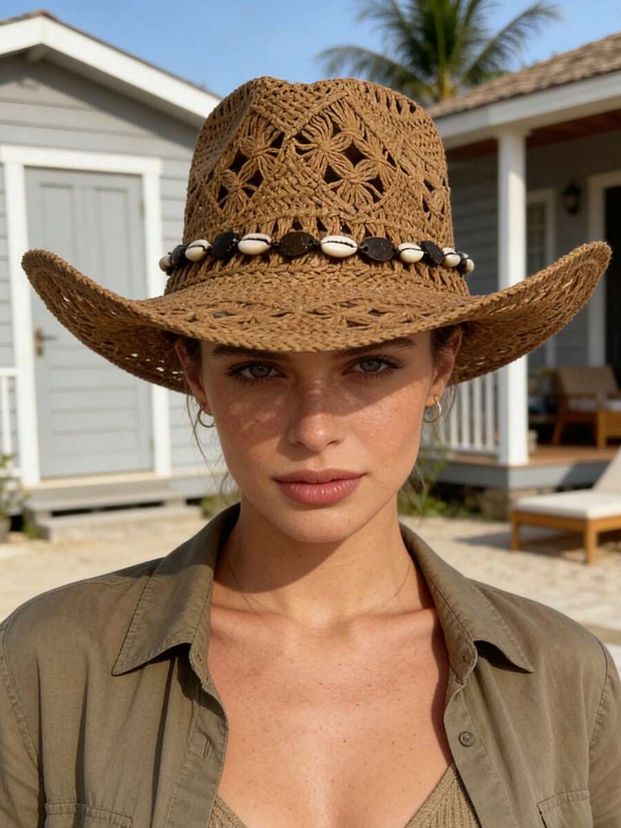 1pc Raffia Hat, Women/Men Straw Hat, Hollow Out Cowboy Style, Retro Vibe, Fashionable For Spring & Summer Vacation - A - View 1