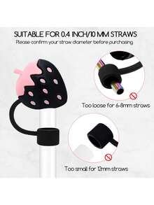 Compatible With Stanley Cup Accessories 9Pcs Black Cue Straw Cover Cap For Cup 40 30oz Tumbler, 10mm Reusable Cute Drinking Straw Topper Accessories, Portable Protector Plugs Decorations Gifts For Party Cute Cartoon Straw Dust Cover, - 黑色 - 查看 3