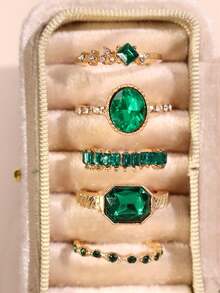 Set de 5 anillos elegantes, versátiles y casuales con elegantes piedras de rhinestone verdes y dorados, adecuados como regalo para la novia, boda o compromiso - Multicolor - Ver 5