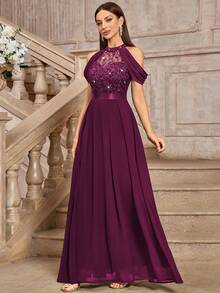 MIUSOL Elegante abito da sera con spalle scoperte, decorato con fiori in pizzo e paillettes, vestito da cerimonia adatto per invitati a matrimoni, cerimonie di laurea, cene formali estive - colore granata - Visualizzare 7
