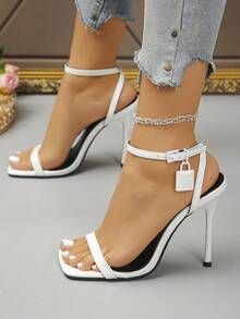 Giày sandal cao gót thiết kế độc đáo mới với chi tiết khóa móc, giày dự tiệc hở mũi vuông gợi cảm dành cho nữ, mùa hè. - trắng - Xem 4