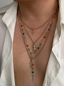 4件套复古奢华彩色水晶Y形项链，男士朋克金属耶稣十字架吊坠长项链套装，万圣节服装配饰 - 十字架 - 查看 1