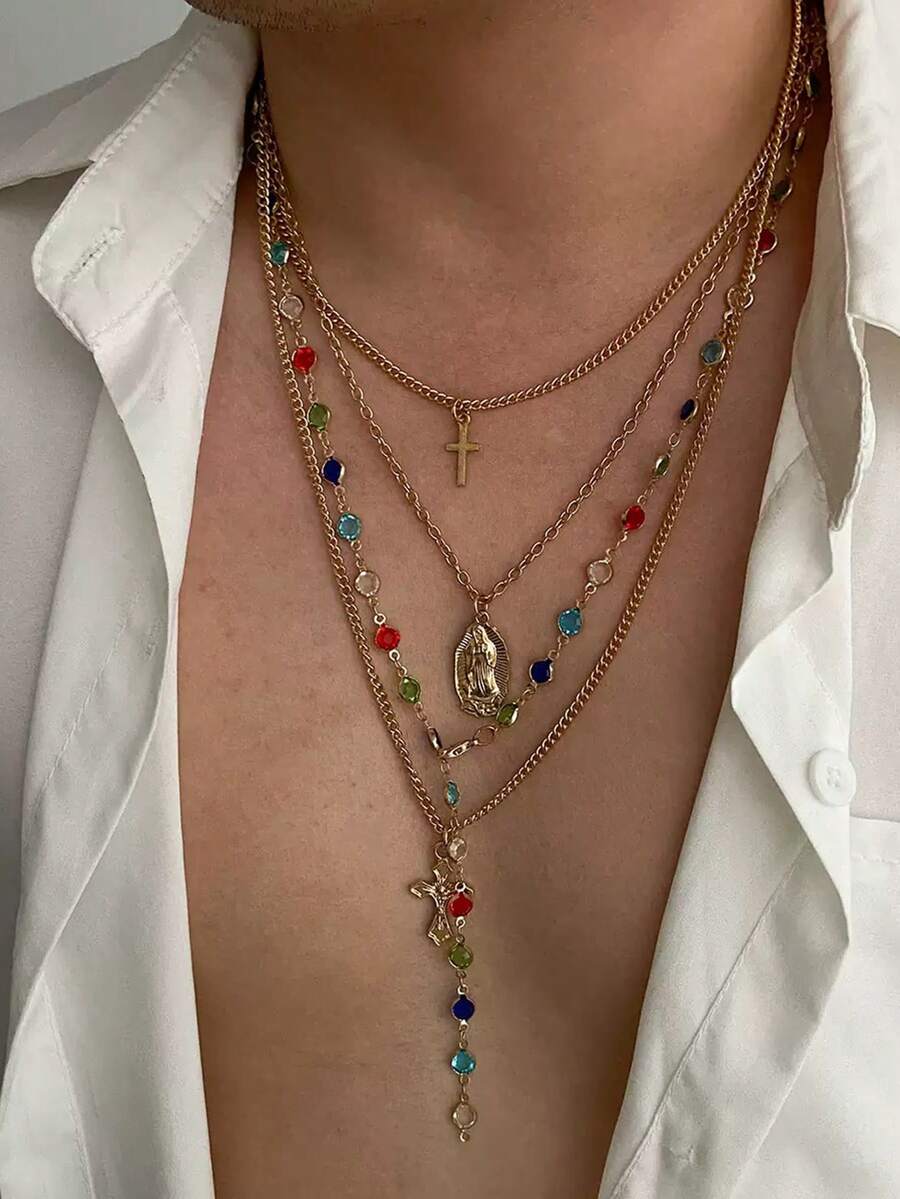 4件套复古奢华彩色水晶Y形项链，男士朋克金属耶稣十字架吊坠长项链套装，万圣节服装配饰 - 十字架 - 查看 1