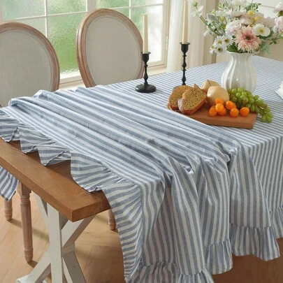 1pc Blue Striped Ruffle Hem Classic Art Tablecloth, Suitable For Valentine's Day, Wedding And Home Decor
