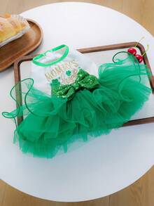 1件宠物服装，猫狗服装，小型犬和幼犬可爱浪漫系列套装，亮片蝴蝶结薄纱裙 - 彩色 - 查看 13