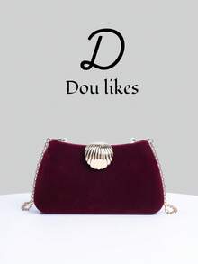 1pc Luxury Velvet Box-Shaped Party Clutch, Scallop-Shaped Rhinestone Decor Evening Bag With Metal Chain, Suitable For Banquet, Ball, Formal Dress, Party, Wedding, Prom, Formal Dinner - Burgundy - View 2