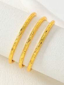 3pcs Middle Eastern Saudi Arabian Ramadan Style Hollow Carved Gold-Plated Copper Multilayer Bangle Bracelets, Gift For Family And Friends - Yellow Gold - View 7