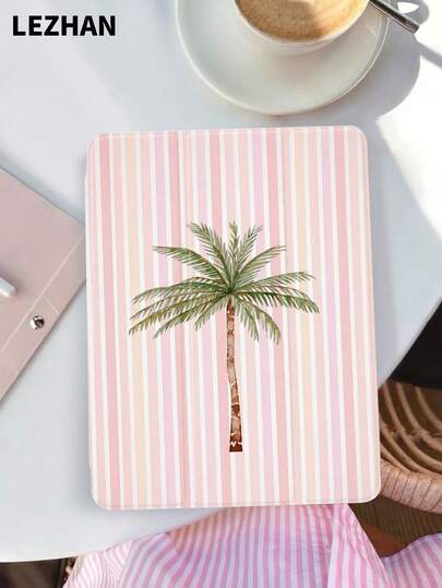 1个彩色条纹棕榈树图案平板电脑保护套，带笔槽，防摔，三折支架，兼容iPad 10.2英寸、iPad Pro 11英寸（2021/2020/第十代）、(A16) 11英寸（第十一代/2025）、第八/第九/第十代、Galaxy Tab A8 10.5英寸（2022）、Matepad 10.4英寸/Tab，支持睡眠/唤醒功能，浪漫个性化礼物