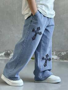 Teen Boys One-Piece Fashion Cross Print Basic Jeans With Creative Design Prints - Blue - View 2