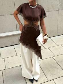 Brown Lace Mini Dress, Elegant Women's Summer Dress, Outfit For Party, Satin Cocktail Short Dress, Women's Holiday Attire - 咖啡棕 - 查看 3
