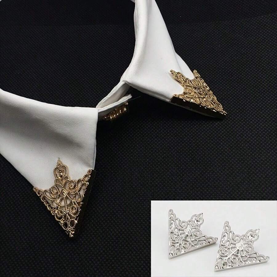 2枚金银镂空花卉图案三角领针,新郎西装翻领别针,复古衬衫领夹,适用于婚礼、节日、宴会、派对、领针 - 彩色 - 查看 1