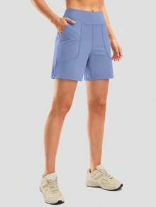 1pc Plus Size Women Sports Shorts, High Waist Elastic Tummy Control Tight Yoga Shorts, Casual Fashion With Pockets For Outdoor Workout & Layering - Baby Blue - View 7