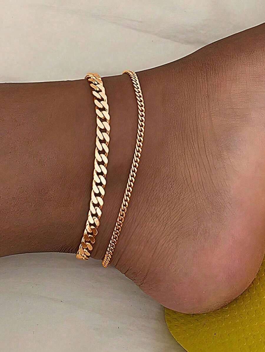 Set Of 3 Unique Design Gold Chain Anklets, Beach And Urban Style, Suitable For Women's Daily Wear, A Great Gift For Friends. - Gold - View 1