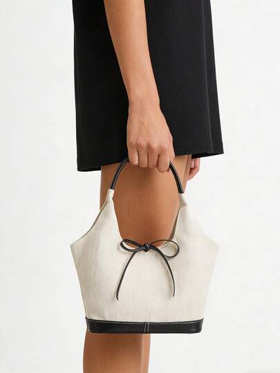 Fashion Casual Women's Handbag, Large Capacity Commuter Shoulder Bag, Canvas Material With Bow Detail, Suitable For Daily Use, Available In White And Denim Blue