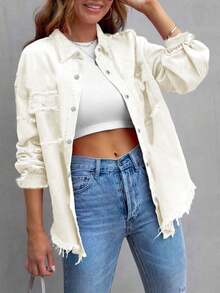 Women's Single-Breasted Frayed Hem Casual Versatile Daily Wear Long Sleeve Denim Jacket Spring - White - View 4