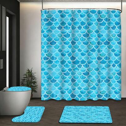 Bộ 4 rèm tắm họa tiết vảy cá màu ngọc lam, kích thước 72x72 inch, chất liệu polyester bền, chống thấm nước, trang trí theo phong cách đại dương ven biển, kèm thảm tắm và 12 móc treo miễn phí.