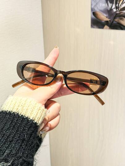 1 pieza Gafas de moda vintage ovaladas para mujer, con marco ligero de unicolor, lentes suaves con tinte, decoraciones en las patillas, adecuadas para vacaciones y salidas, con estuche