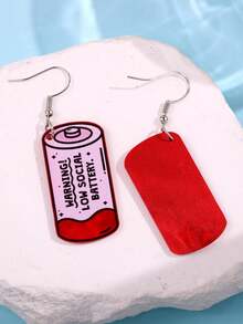 一对创意独特趣味“警告！社交电池”粉色珠光亚克力吊坠耳环，时尚百搭，适合日常佩戴、节日和派对场合。 - 彩色 - 查看 3