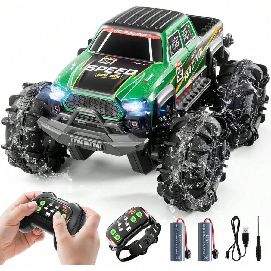 6-12岁儿童遥控车，全地形遥控卡车，带喷水和灯光，360°翻转，2.4GHz遥控越野怪兽卡车，适合3-12岁男孩 - 綠色越野車 - 查看 1