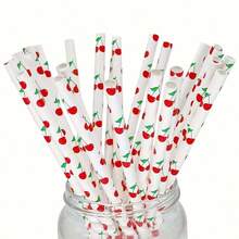 50/100 Peças Canudos de Papel com Padrão de Cereja de Fruta de Verão, Para Decoração de Bebidas, Natal, Ano Novo, Dia dos Namorados, Presentes de Formatura, Material - Visão 6