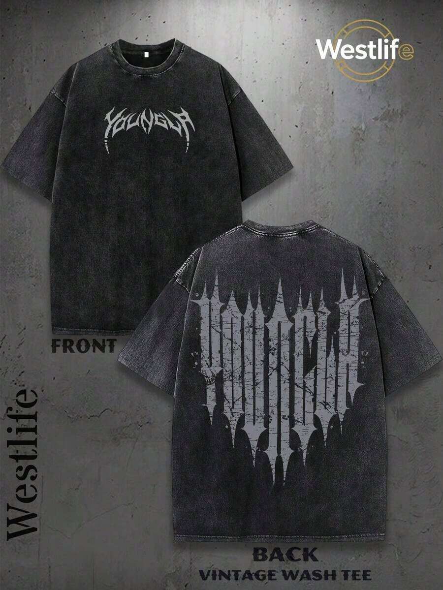 Summer Clothes1PC Y2K Vintage Washed T-Shirt |   Men's YLA Graphic Tee |   Gym Graphic Tee |   Gifts For Men Or Boyfriend |   100% Cotton |   230Gsm Thickened Fabric |   UnisexMinimalist Style  Sweatshirt Men Vacation Outfits - Black - View 1