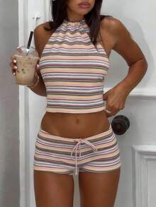 GAOVOT 女士夏季撞色条纹露肩上衣和高腰抽绳短裤两件套 - 彩色 - 查看 5