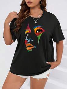 Talla Grande - Talla Grande - Camiseta de Mujer con Estampado Abstracto de Gran Tamaño - Negro - Ver 2