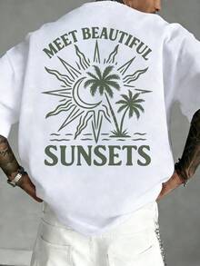 FRACTYR Men's Summer Casual Street Fashion Loose Coconut Tree Graffiti Retro Double-Sided Print Round Neck Short Sleeve Leisure T-Shirt - White - View 3