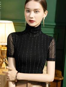 2026夏季新款高领网眼打底衫，女士修身条纹亮片短袖黑色T恤 - 黑色 - 查看 3