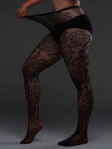 1pc Plus Size Jacquard Fishnet Stockings, Floral Hollow Out Leggings, & Fashionable, Suitable Party, Home, Office, Halloween, Y2K, Gothic Style, Back To School - 黑色 - 查看 4