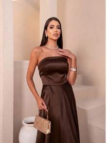 Long Strapless Dress For Graduation, Party, Wedding, Evening - Óxido marrón - Ver 1