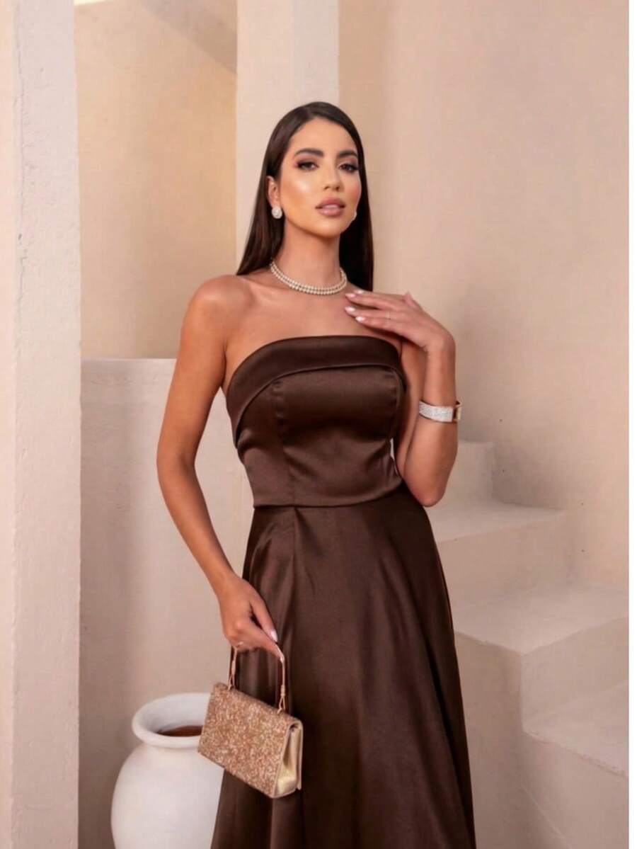 Long Strapless Dress For Graduation, Party, Wedding, Evening - Óxido marrón - Ver 1