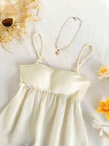 女士雪纺拼接无袖开衩吊带背心 - 淡黃色 - 查看 4