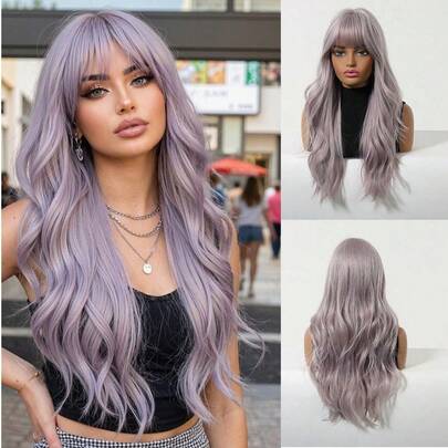 24 Inch Long Wavy Purple Wig, Heat Resistant Synthetic Fiber Wig, Suitable For Daily Parties, Cosplay, Girlfriend's Party Outfit, Daily Wear, Music Festivals, Perfect For Holiday Travel, Halloween, Christmas, New Year Celebrations, Cosplay, Girl's Gift, Summer Graduation Gift, Ready-Made Gift, Halloween, Christmas Gift