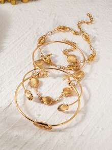 Set de 5 piezas de pulsera con estrellas de mar y conchas, adecuado para que las mujeres lo usen en viajes a la playa - Multicolor - Ver 5