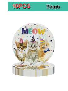 Bộ 10 món đồ dùng tiệc sinh nhật chủ đề mèo, đĩa và khăn giấy dùng một lần hình mèo, thích hợp cho tiệc sinh nhật trẻ em, bao gồm đĩa 7 inch, đĩa 9 inch, cốc giấy dùng một lần 9oz và khăn giấy. Đồ dùng tiệc sinh nhật chủ đề mèo, đĩa và khăn giấy hình mèo con, trang trí bàn ăn lý tưởng cho 10 khách. - Nhiều màu - Xem 8
