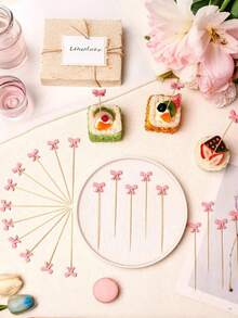 10/100pcs Pink Bow Toothpicks, Elegant Pink Bow Cocktail Picks, Bamboo Toothpicks, Suitable For Birthday Party Supplies, Can Be Used For Drinks, Appetizers, Baking, Wedding Desserts, Parties, Cakes And Cupcake Decorations, And Party Foods - Multicolor - View 9