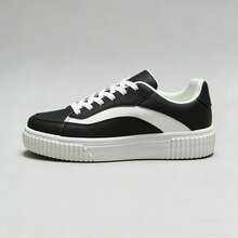 男女通用黑白撞色厚底系带滑板鞋，休闲情侣百搭日常鞋 - 黑色 - 查看 1