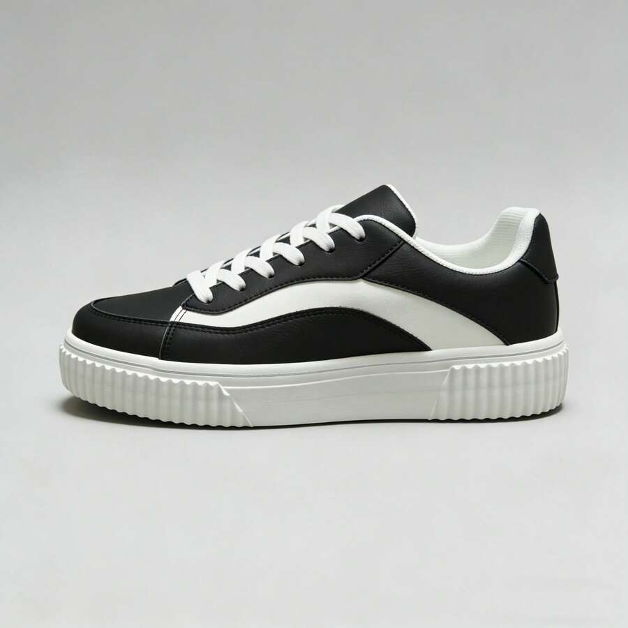 男女通用黑白撞色厚底系带滑板鞋，休闲情侣百搭日常鞋 - 黑色 - 查看 1