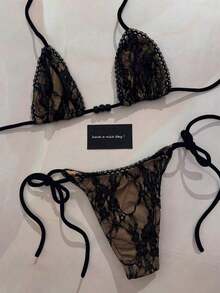 New Arrival Spring/Summer Sexy Black Solid Color Lace Fashionable Elegant Women's Party, Beach, Vacation Bikini Swimwear - màu đen - Xem 1