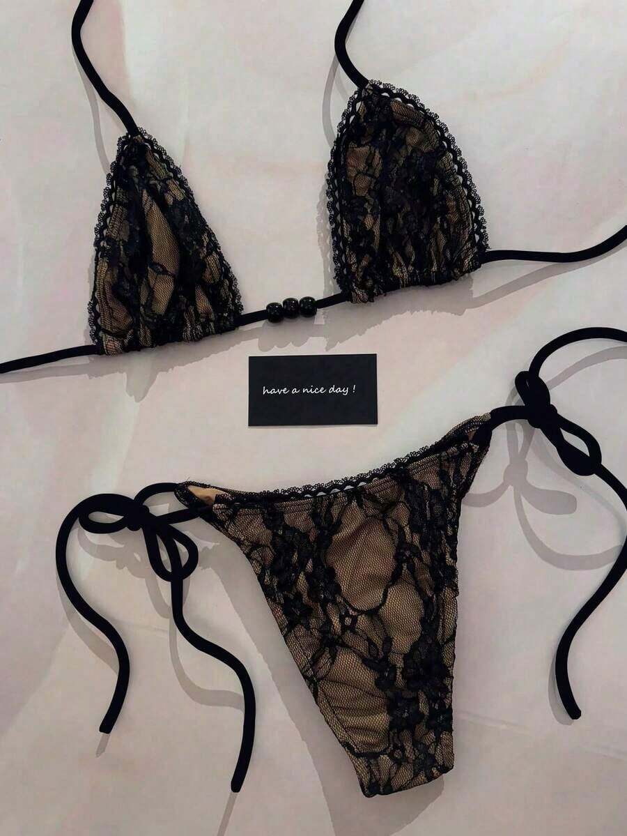 New Arrival Spring/Summer Sexy Black Solid Color Lace Fashionable Elegant Women's Party, Beach, Vacation Bikini Swimwear - màu đen - Xem 1