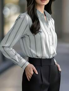 Nueva llegada Camisa de mujer con botones y estampado de rayas, primavera - Gris - Ver 3